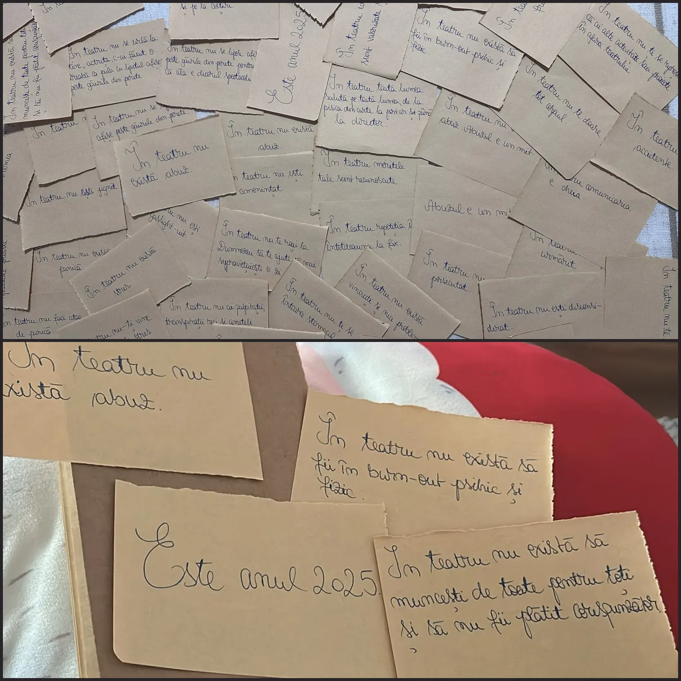 Trei fotografii cu cartonașele scrise de mână.