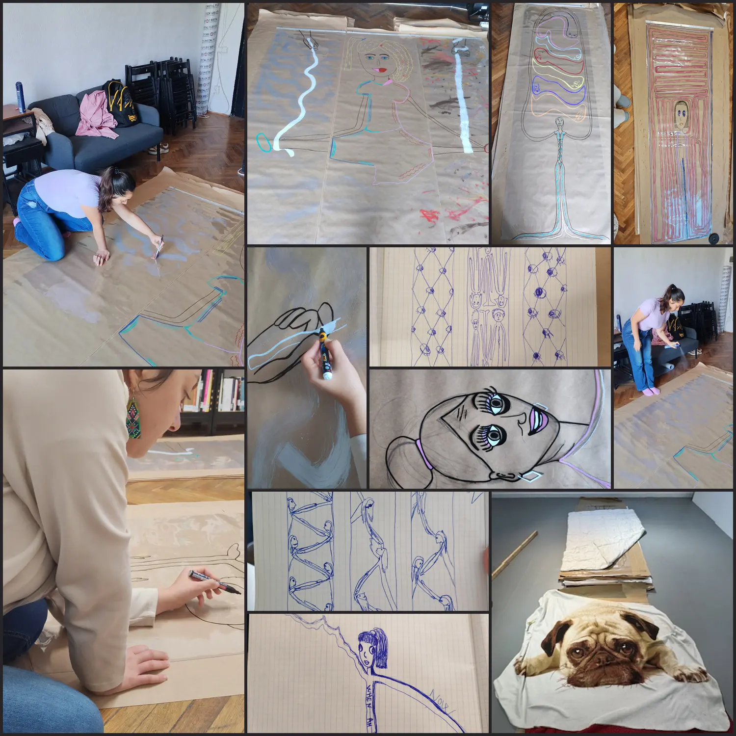 Fotografii și cadre video din atelierul artistei și de la montaj.